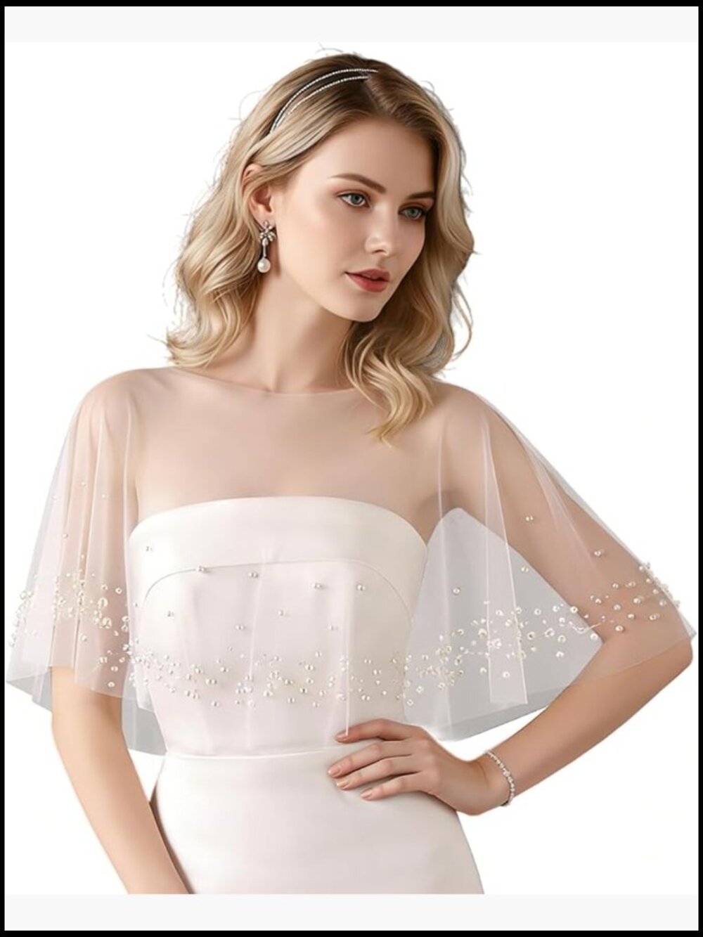 Bridal Pearl-Embellished Sheer Capelet - White
